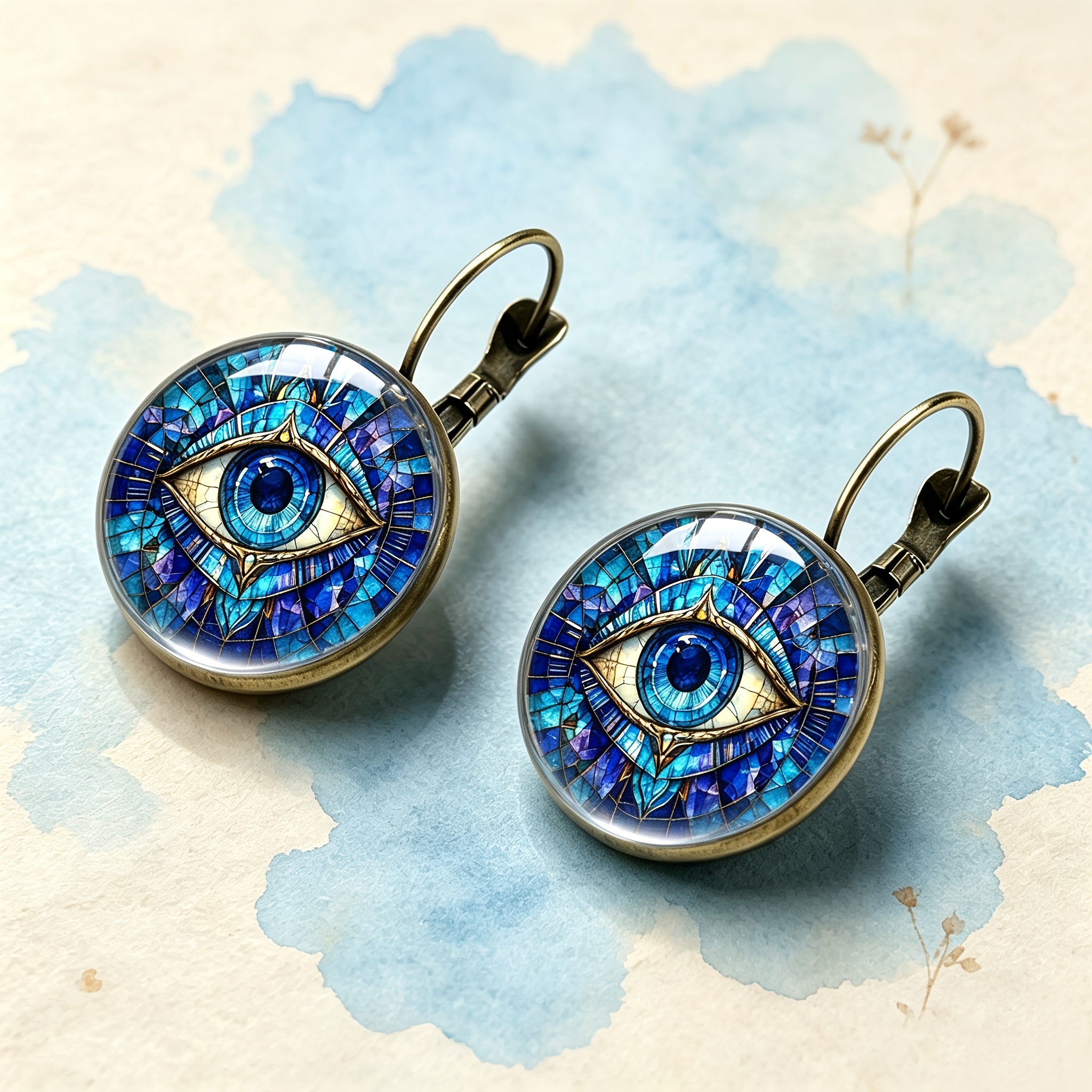 Deep Blue Artistic Evil Eye Print Statement Earrings